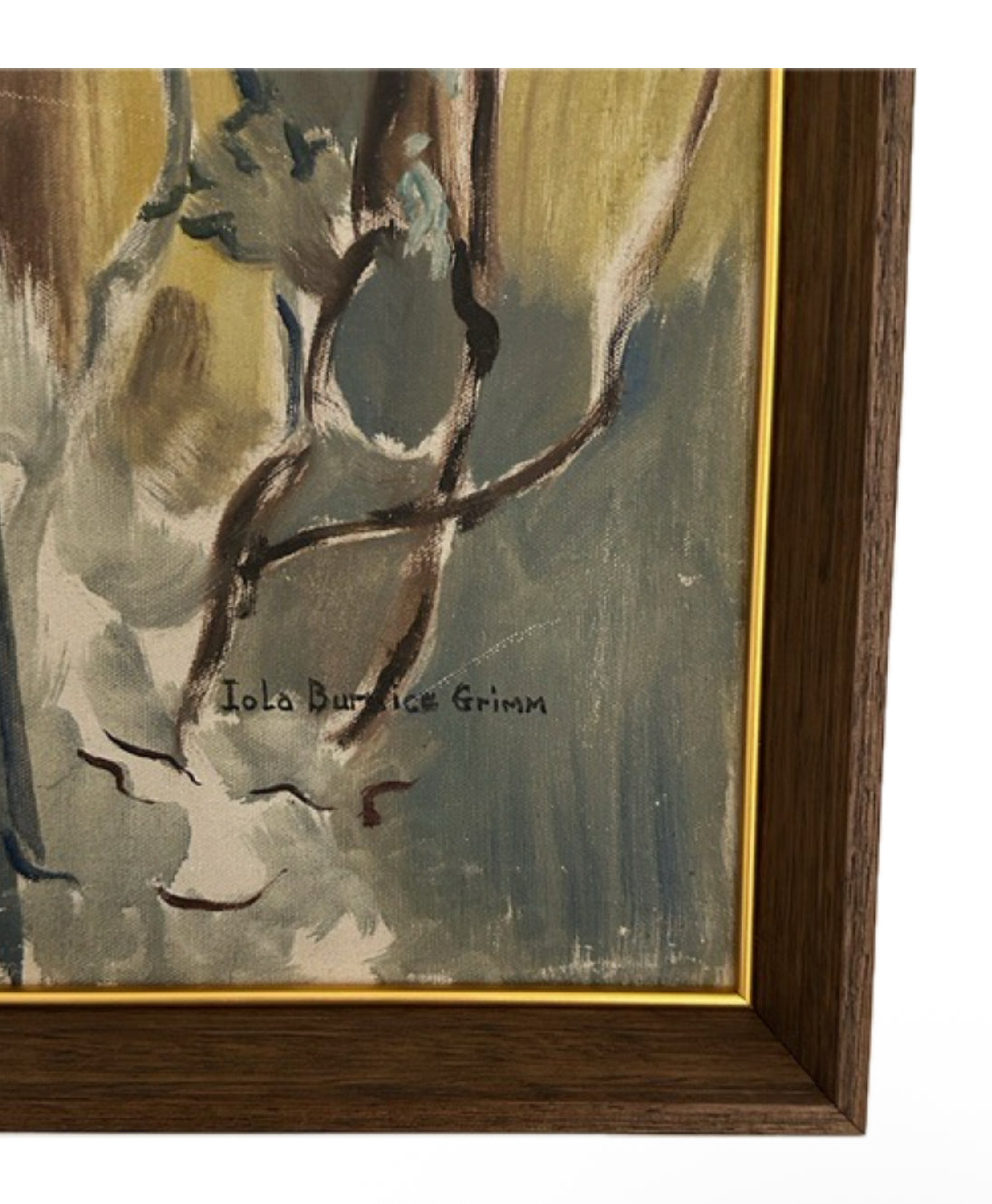 Detail showing the artist's signature 'Iola Burnice Grimm' on the lower canvas beside the gold frame liner.