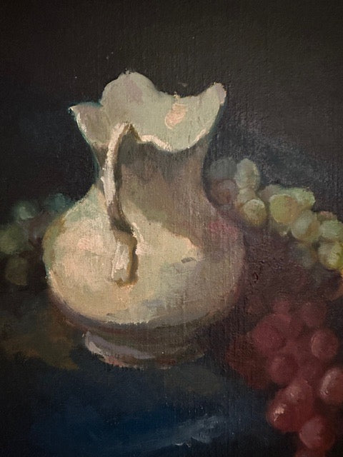 Vintage still life painting, close-up of the cream pitcher and handle against a dark ground
