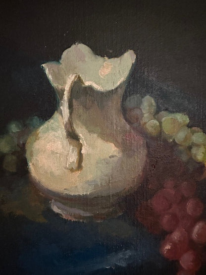 Vintage still life painting, close-up of the cream pitcher and handle against a dark ground