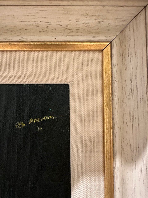 Vintage still life painting, corner detail of limed wood frame, linen mat and gilt liner
