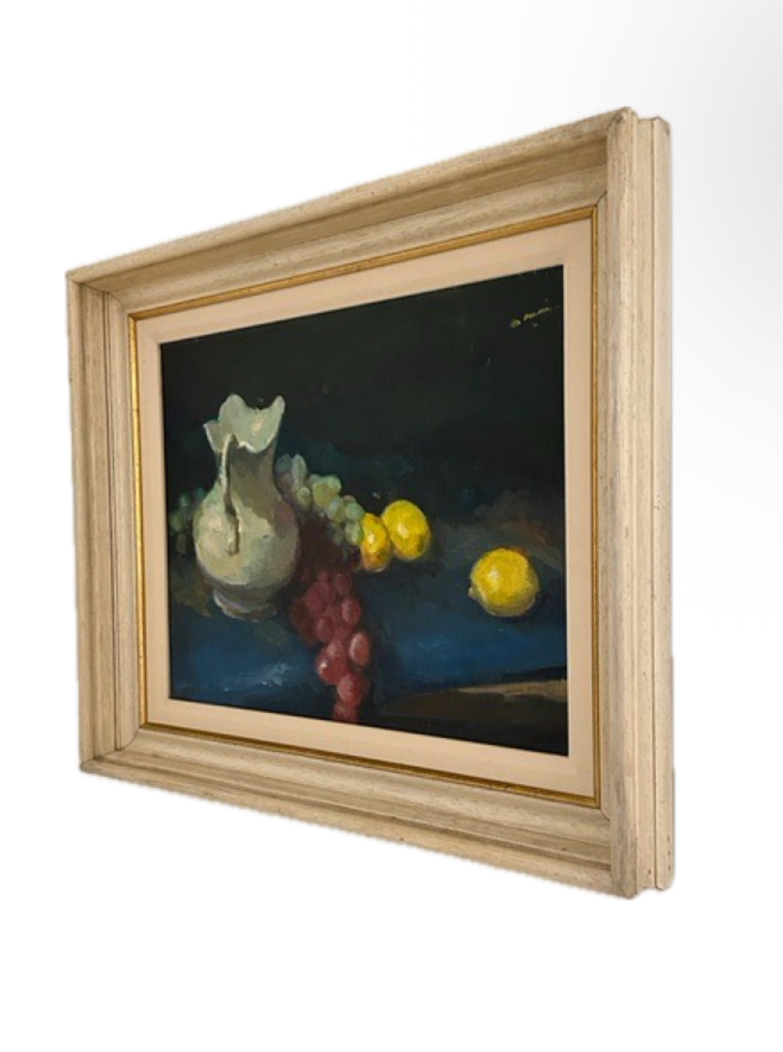 Vintage still life painting, angled three-quarter view in a limed wood frame