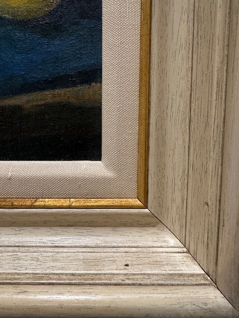 Vintage still life painting, corner detail of limed wood frame, linen mat and gilt liner