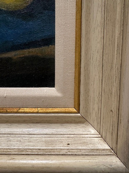 Vintage still life painting, corner detail of limed wood frame, linen mat and gilt liner