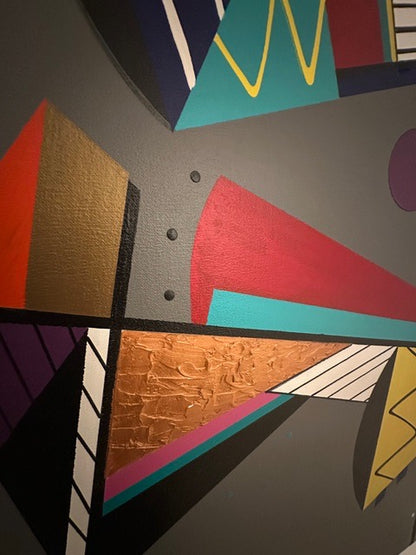 Large vintage post-modern painting, close-up of copper, red, teal and gold geometric shapes