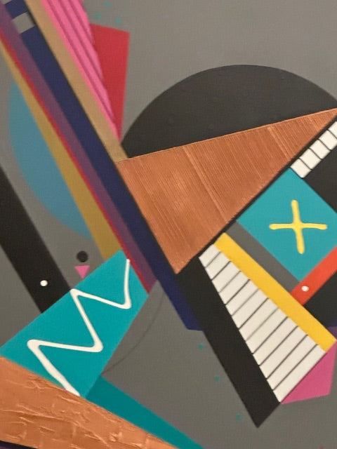 Large vintage post-modern painting, detail of teal square with yellow X and white zigzag