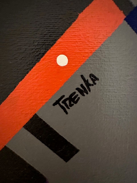 Large vintage post-modern painting, close-up of artist's signature 'Trenka' beside an orange band