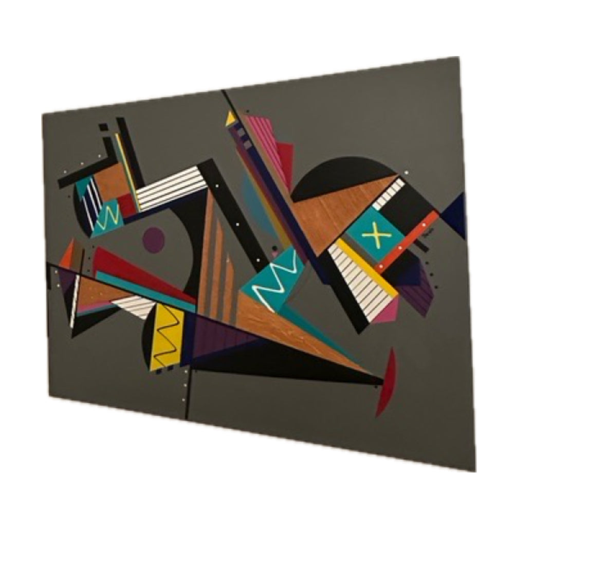 Large vintage post-modern painting, bold colorful geometric shapes on gray ground, angled view