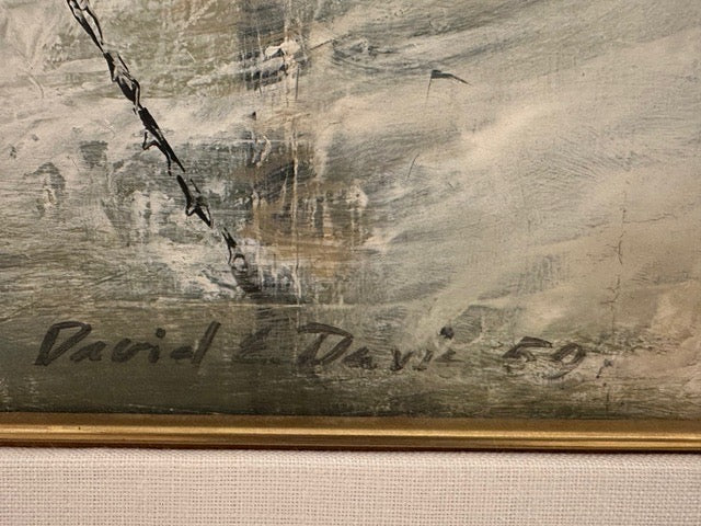Vintage abstract painting, close-up of artist's signature 'David L. Davis 59'