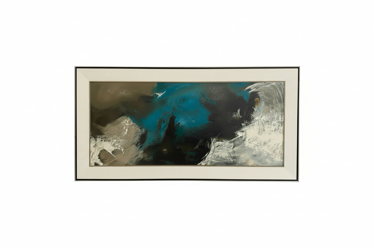 Vintage abstract painting, horizontal teal, black and white composition in white mat and slim frame