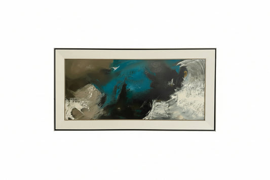 Vintage abstract painting, horizontal teal, black and white composition in white mat and slim frame