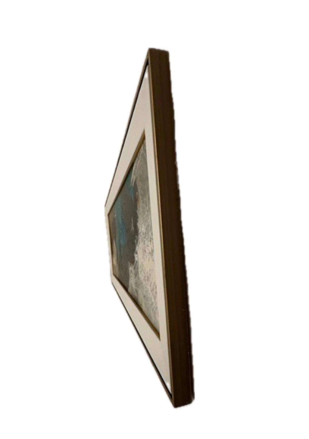 Vintage abstract painting, angled profile of wood frame and white mat