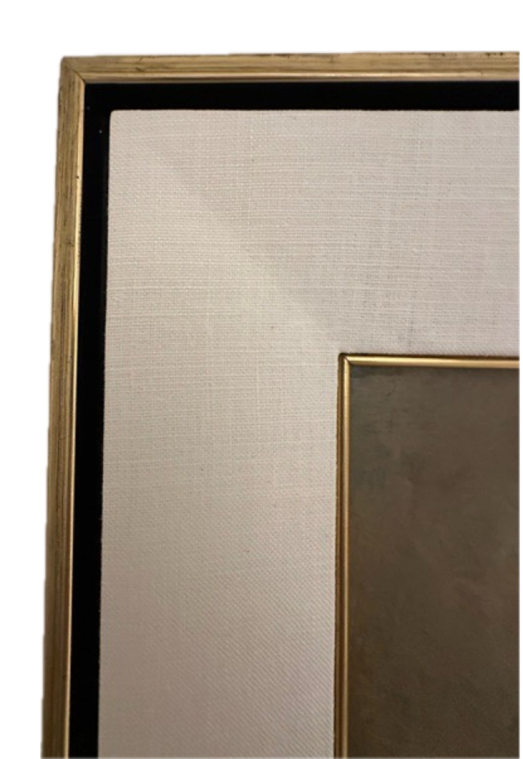 Vintage abstract painting, corner detail of gilt frame, black border and linen mat
