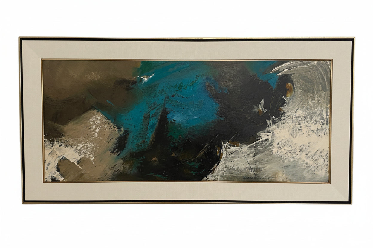 Vintage abstract painting, framed front view with white mat, gold liner and thin black frame