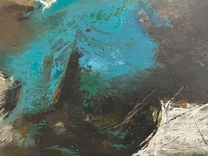 Vintage abstract painting, unframed view of turquoise, brown and white textured abstraction