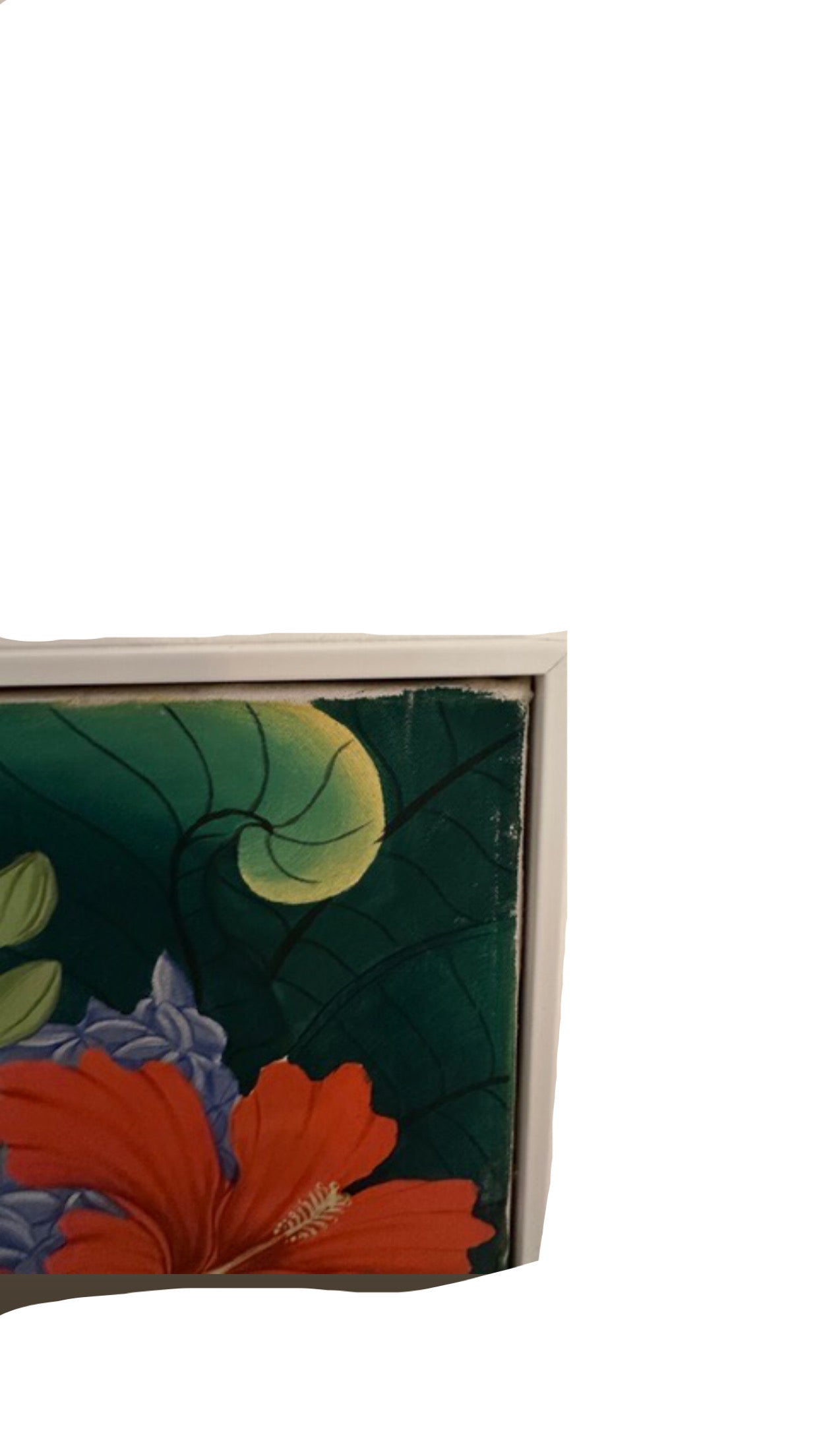 Vintage tropical Balinese painting, top corner detail of leaf and red hibiscus along white frame
