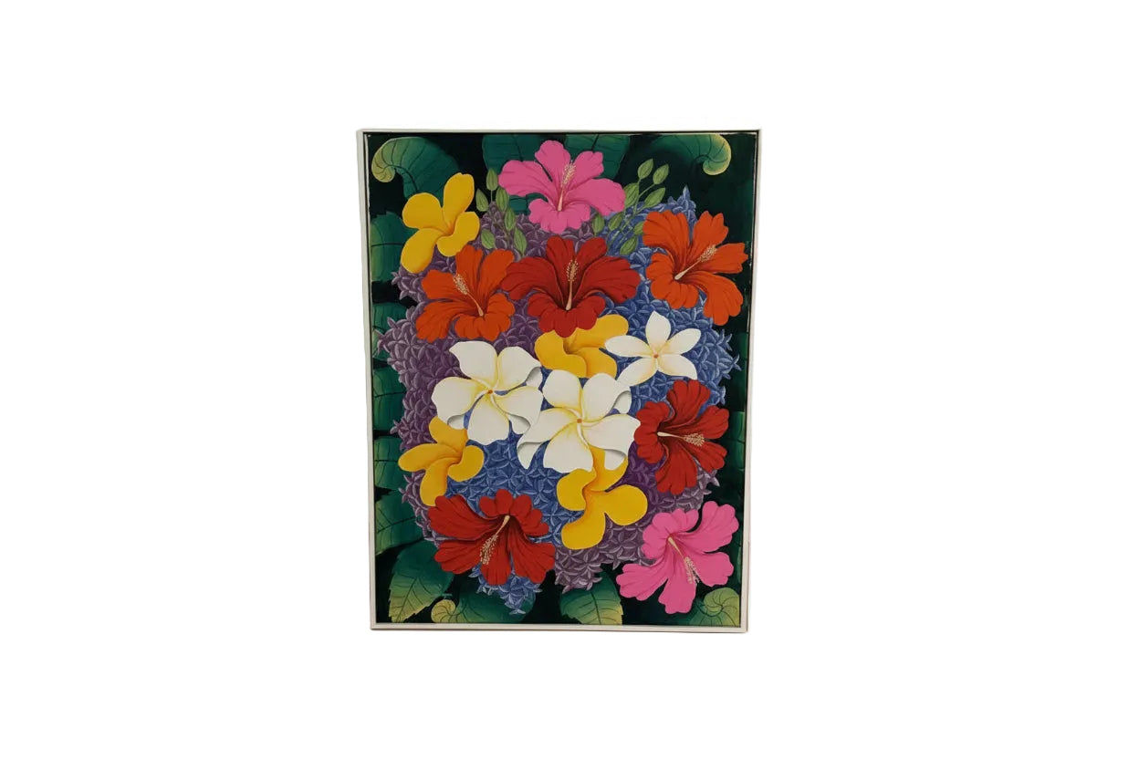 Vintage tropical Balinese painting, front view of vivid hibiscus and plumeria flowers in white frame