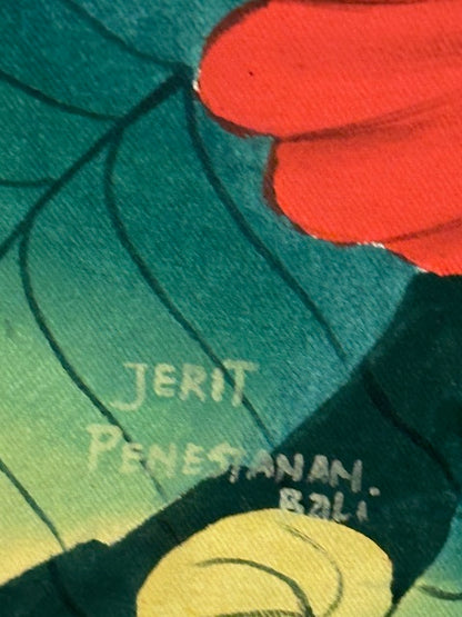 Vintage tropical Balinese painting, close-up of painted signature 'Jerit, Penestanan, Bali'