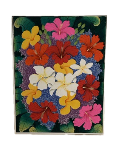 Vintage tropical Balinese painting, framed mass of red, pink, yellow hibiscus and white plumeria