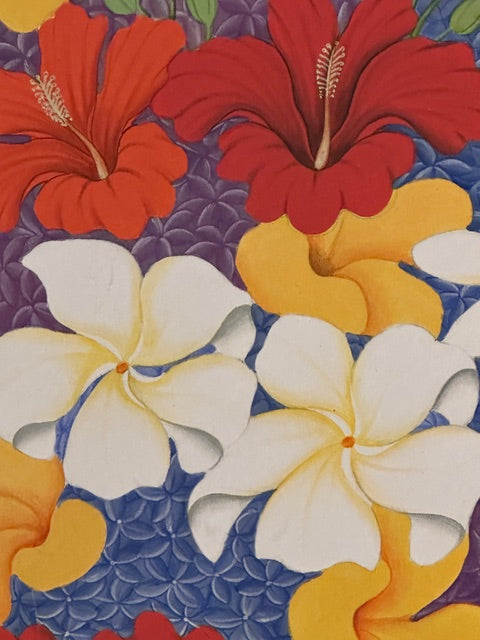 Vintage tropical Balinese painting, close-up of red hibiscus and white plumeria over blue and purple blooms