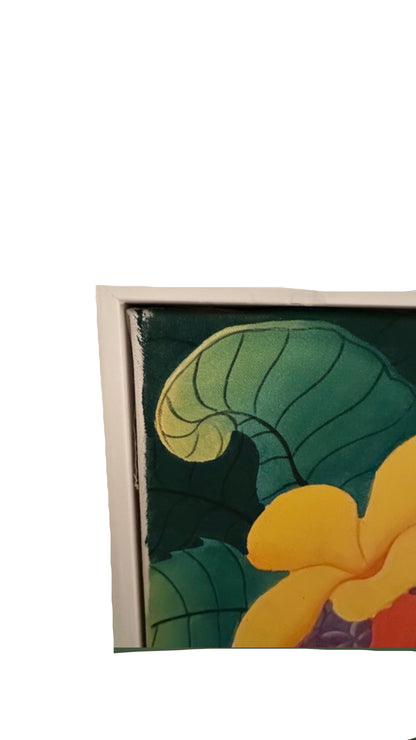 Vintage tropical Balinese painting, top corner detail of green leaf and yellow bloom in white frame