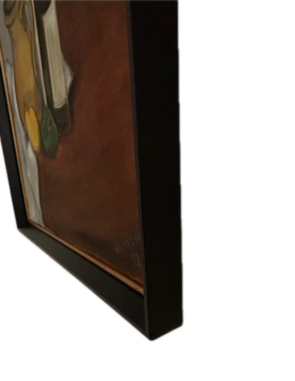 Vintage MCM still life painting, angled corner showing signature 'Grayson 72' and frame edge