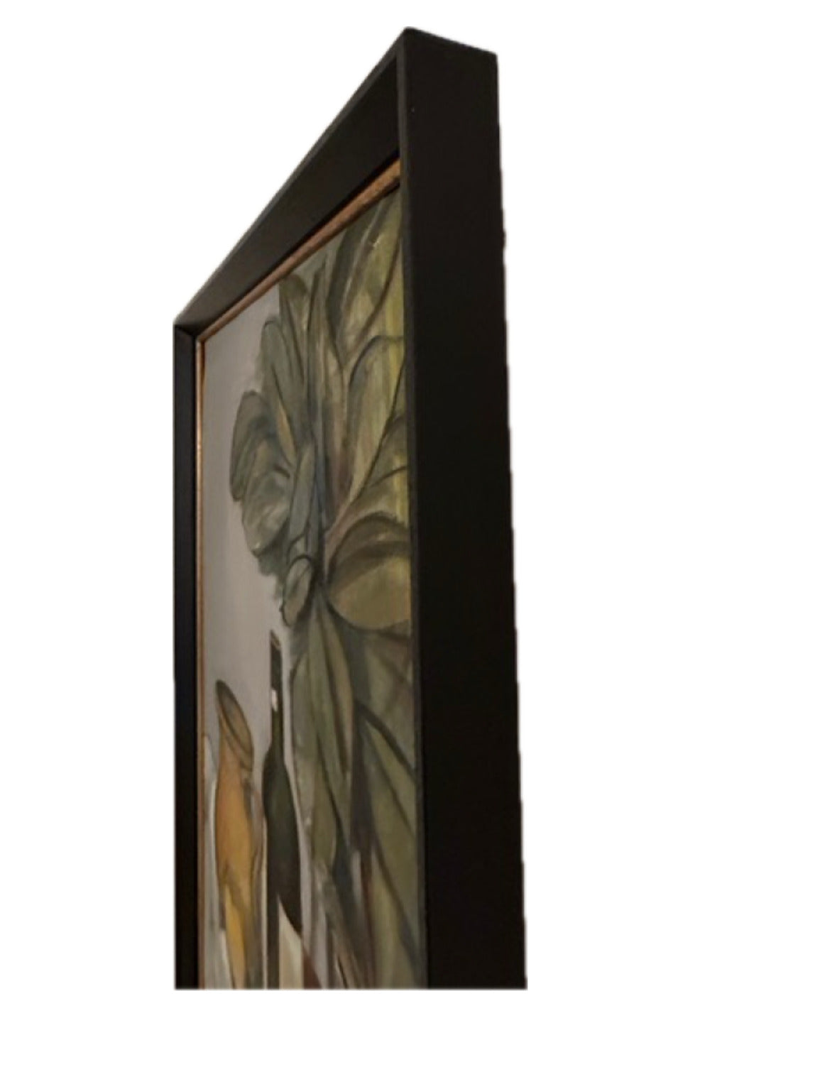 Vintage MCM still life painting, side profile showing wood frame depth and gold liner