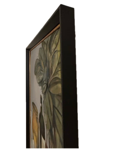 Vintage MCM still life painting, side profile showing wood frame depth and gold liner