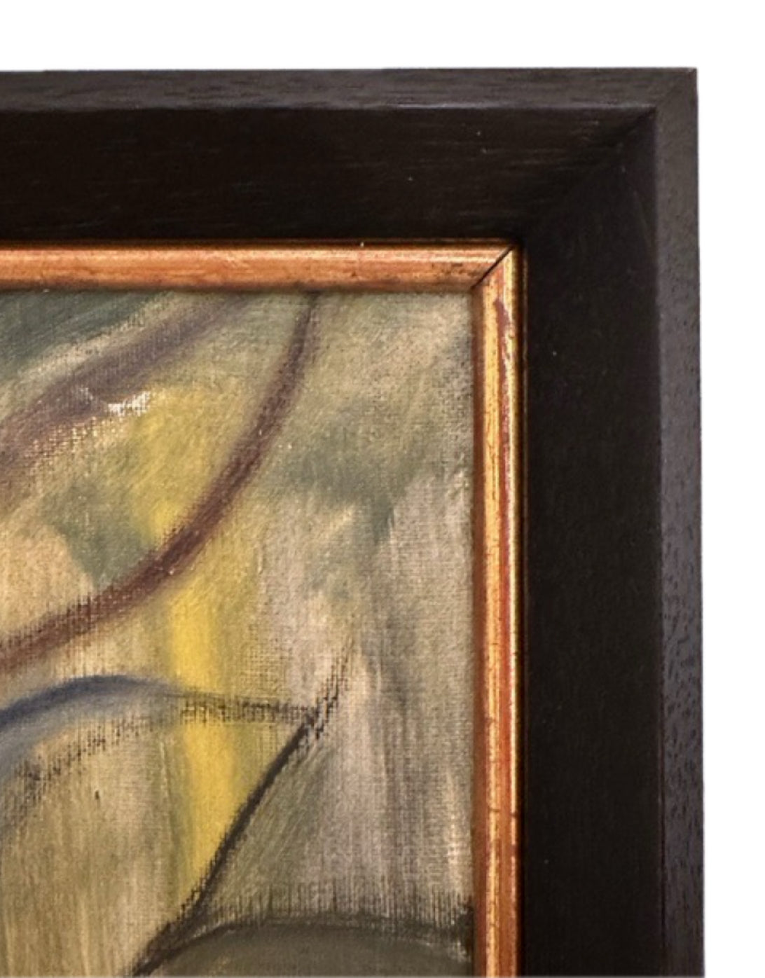 Vintage MCM still life painting, top corner detail of canvas, copper liner and wood frame