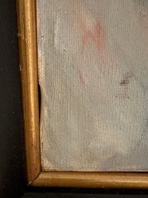 Vintage MCM still life painting, bottom-left corner detail of canvas weave and gilt liner