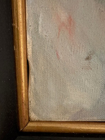 Vintage MCM still life painting, bottom-left corner detail of canvas weave and gilt liner
