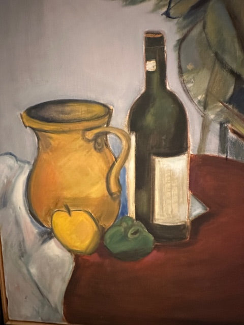 Vintage MCM still life painting, close-up of yellow pitcher and dark wine bottle on red table