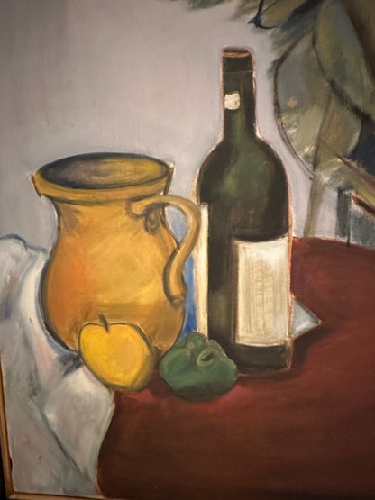 Vintage MCM still life painting, close-up of yellow pitcher and dark wine bottle on red table
