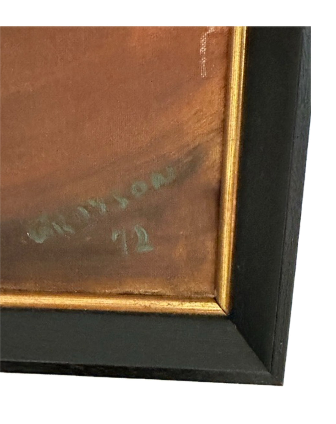 Vintage MCM still life painting, close-up of artist's signature 'Grayson 72'