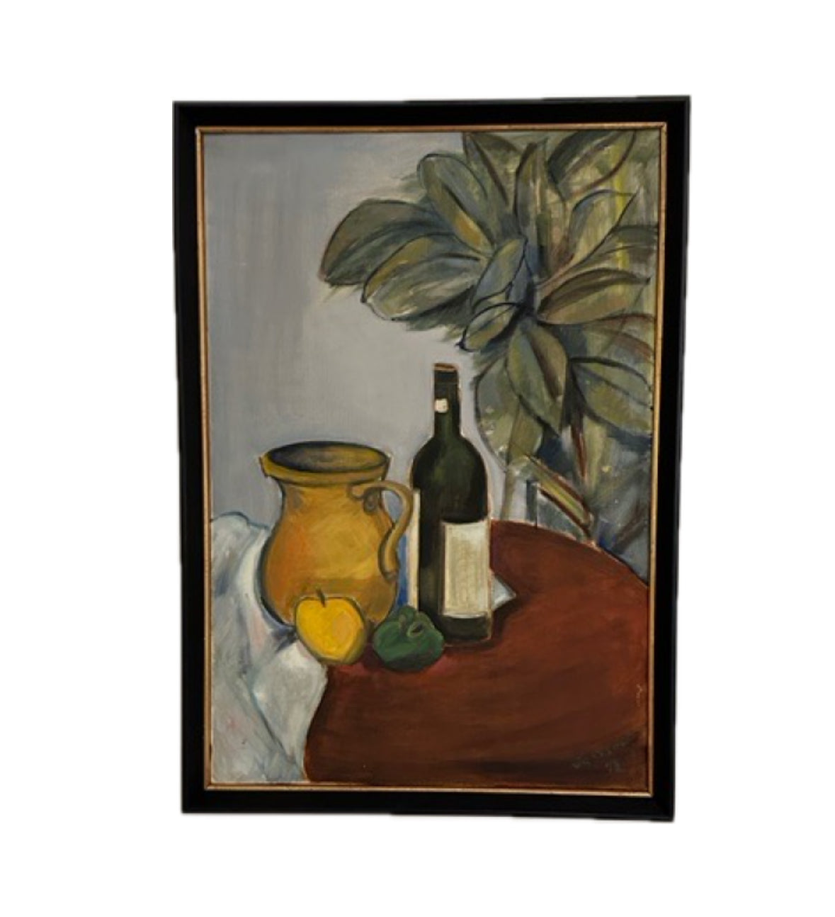 Vintage MCM still life painting, front view: yellow pitcher, green wine bottle and fruit on red table, black frame