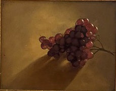 Grapes still life painting, full view of warm-toned realist grape cluster on board