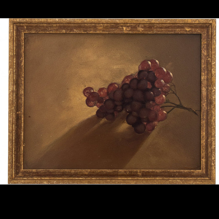 Grapes still life oil painting in gold wood frame, front view of dark realist composition