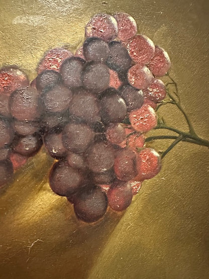 Close-up of painted grape cluster, glossy red and deep purple grapes with fine detail