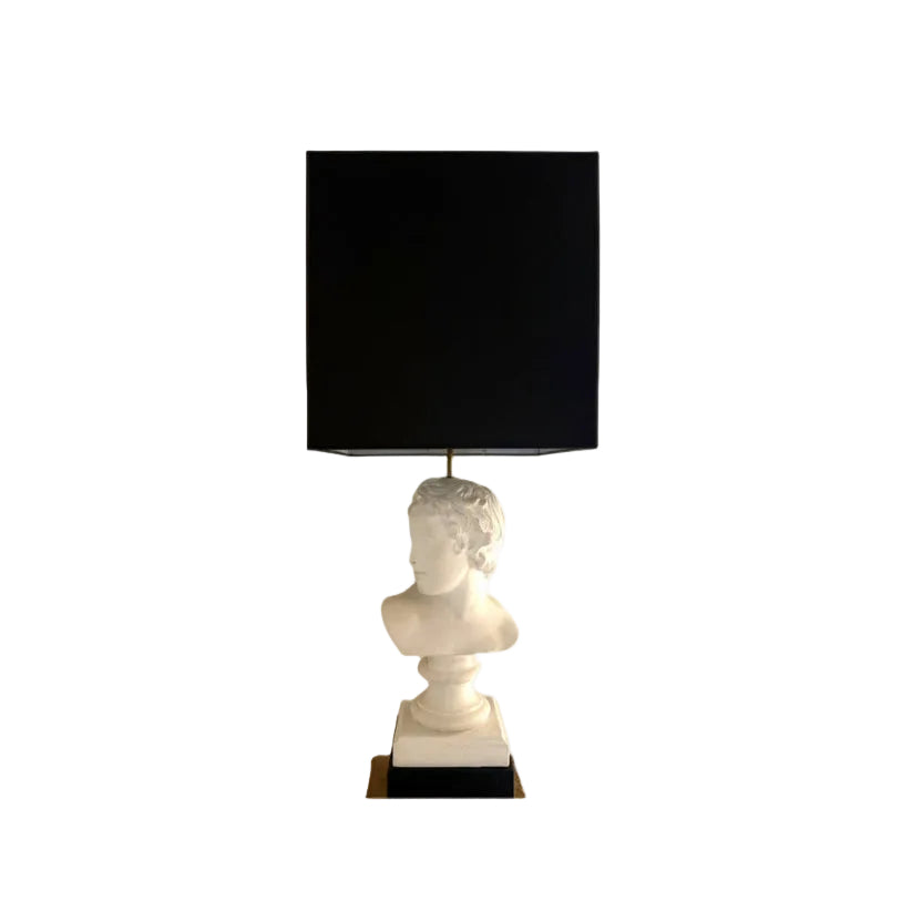 Plaster classical bust table lamp with black rectangular box shade on a black plinth base
