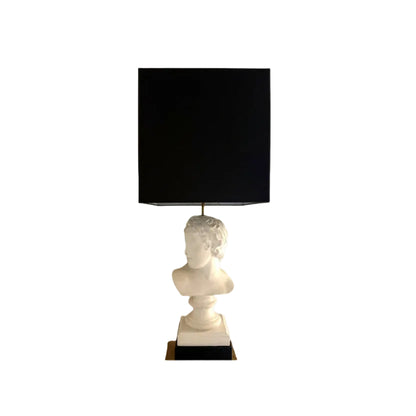 Plaster classical bust table lamp with black rectangular box shade on a black plinth base