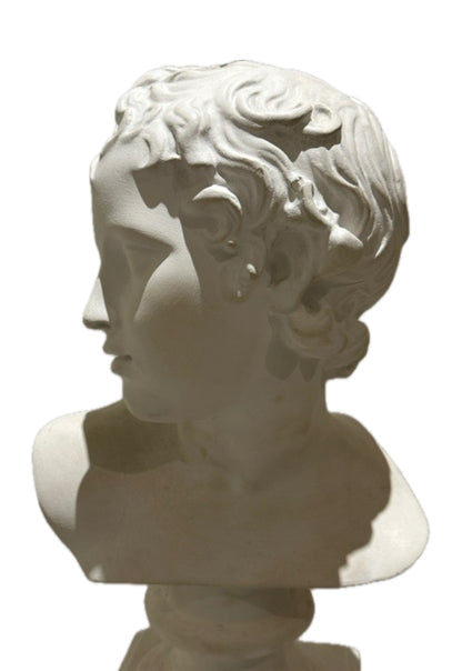 Left-profile view of a white plaster bust of a youthful Greco-Roman figure with curled hair