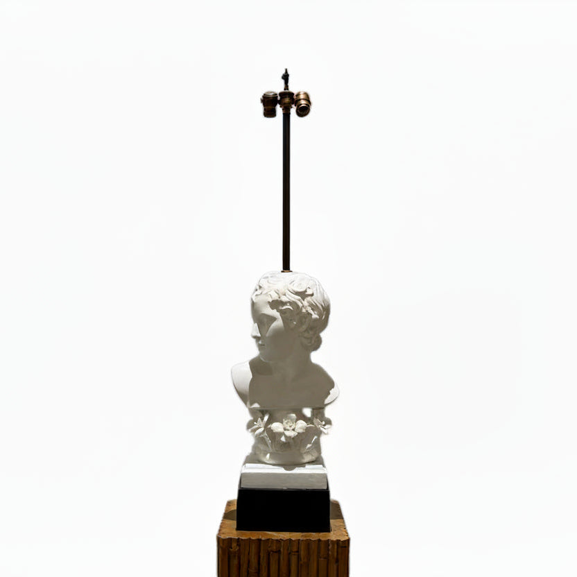 White plaster Greco-Roman youth bust lamp on black plinth, with tall brass rod and twin sockets, no shade