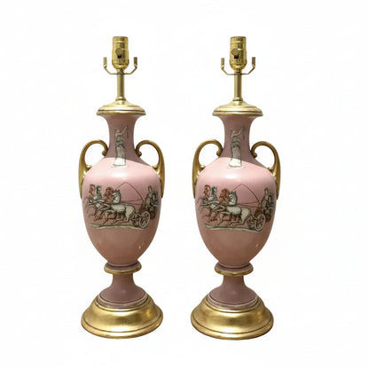 Pair of pink neoclassical urn table lamps with gold scroll handles and painted Greco-Roman chariot scenes