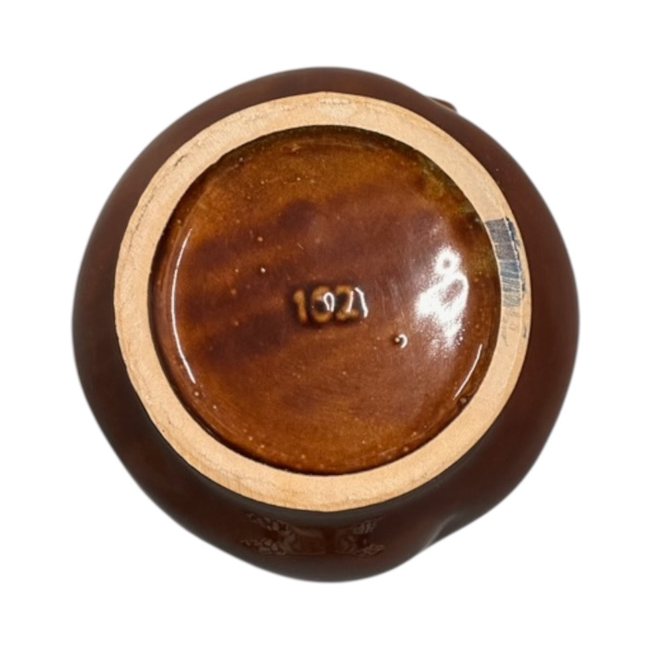Base of the MCM vase, glossy brown glaze with an impressed maker's number 1321 on the unglazed foot ring.