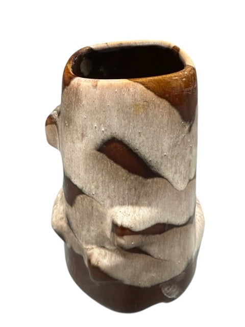 MCM West German drip glaze vase upright, glossy brown rim with thick cream drip glaze cascading down the body.