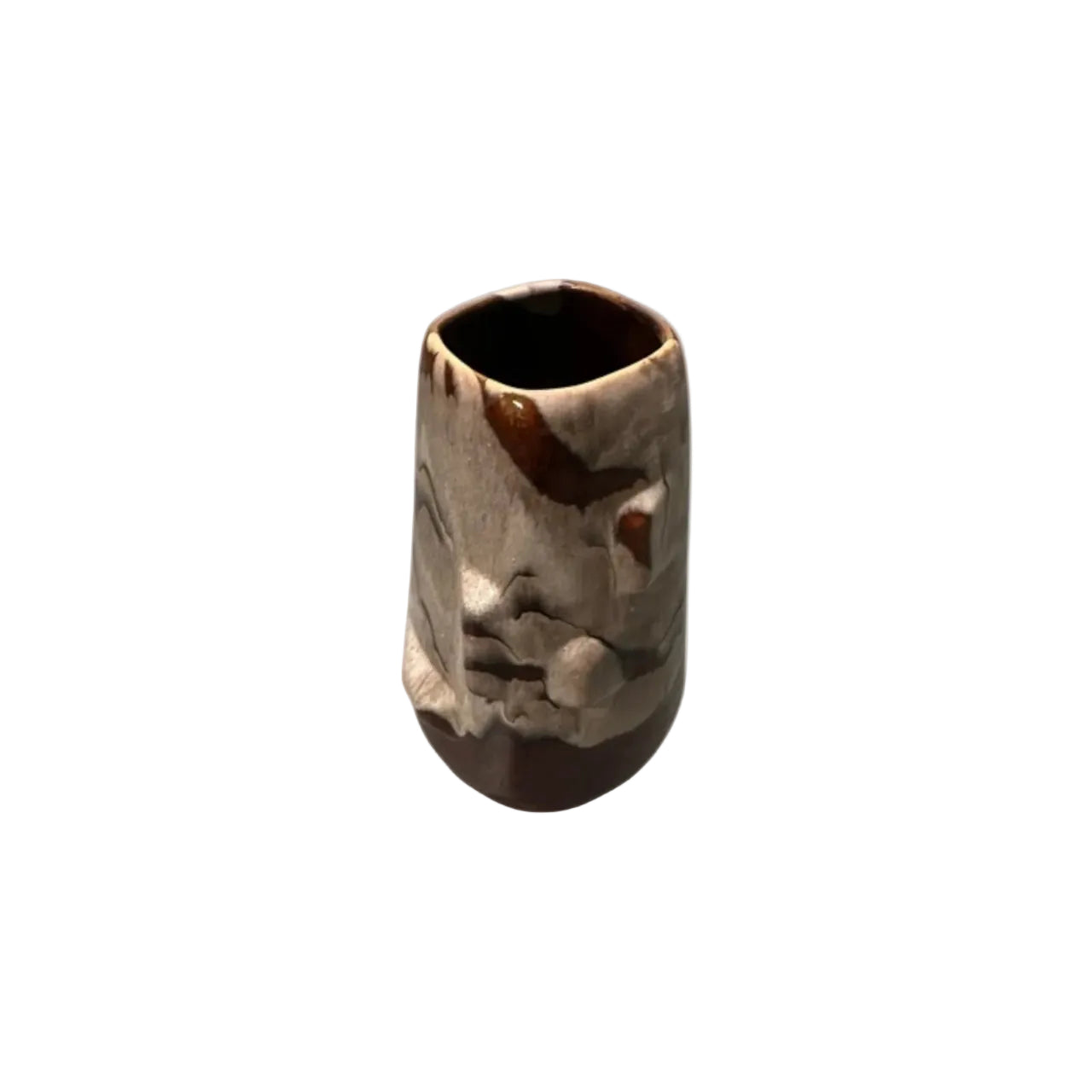 MCM West German drip glaze vase, tapered cylinder form with cream lava glaze over an earthy brown body.