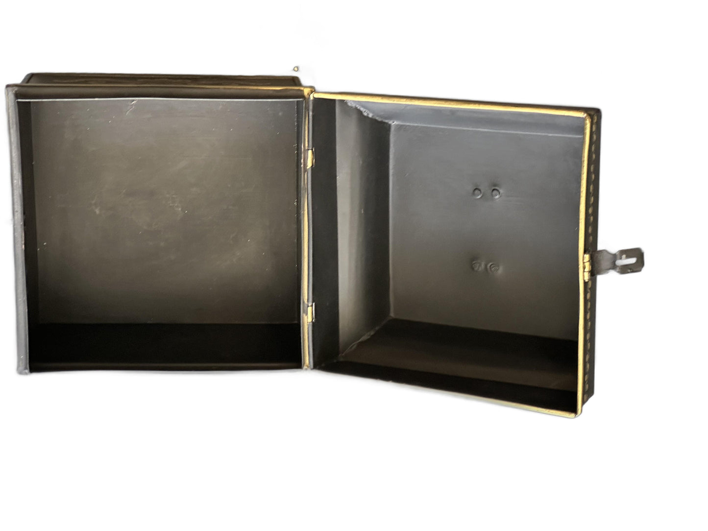 Vintage tole hinged box shown open, revealing the dark empty metal interior