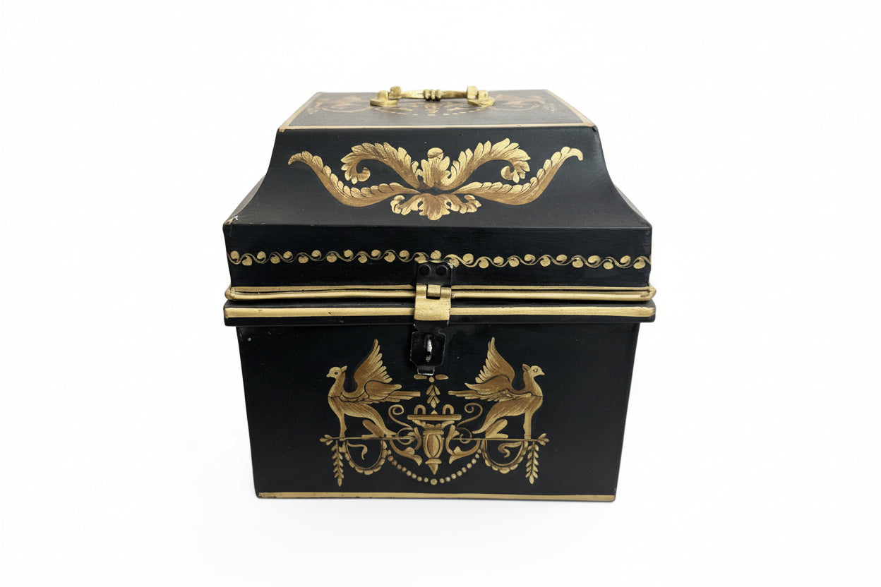 Vintage tole hinged box, front view; black metal with gilt griffins flanking an urn motif and a foliate swag on the lid
