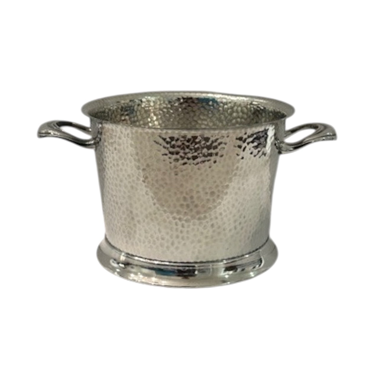 Hammered silver-plate ice bucket, front view, with twin scroll handles and a round footed base