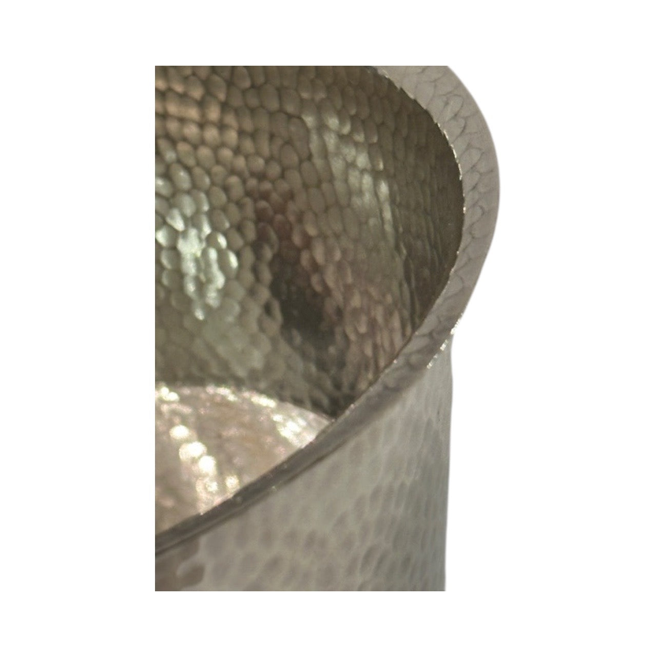 Hammered silver-plate ice bucket; close-up of the hammered rim and interior