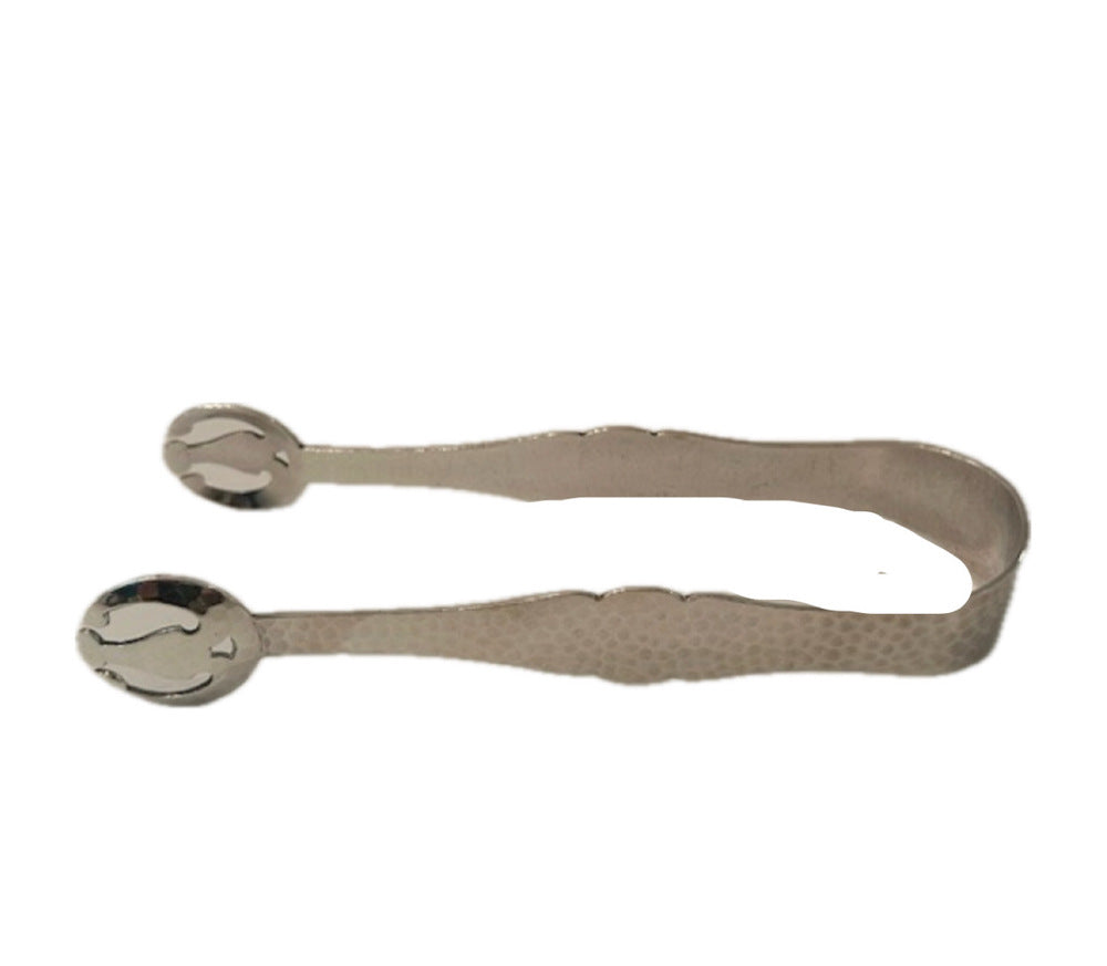 Hammered silver-plate ice tongs with rounded claw grips, full-length view